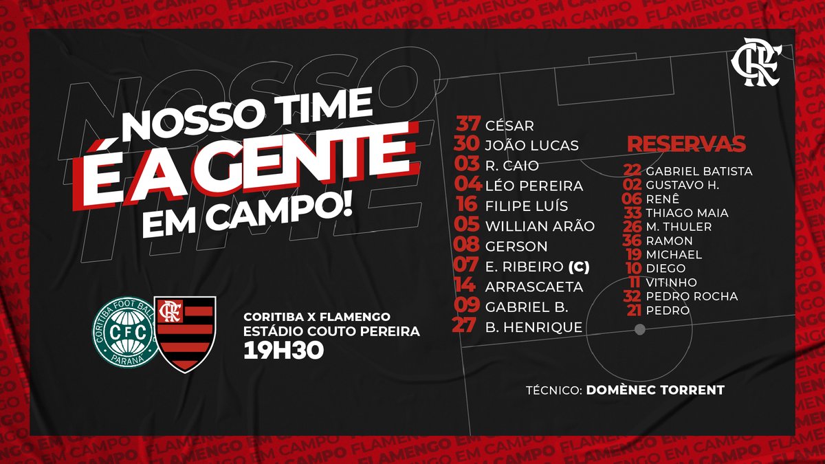 Flamengo's tweet photo. Nosso Time é a Gente em Campo! O Flamengo está escalado para enfrentar o Coritiba pelo Brasileirão. Vai pra cima deles, Mengo! #CORxFLA #VamosFlamengo https://t.co/dsWsMNz8Tw
