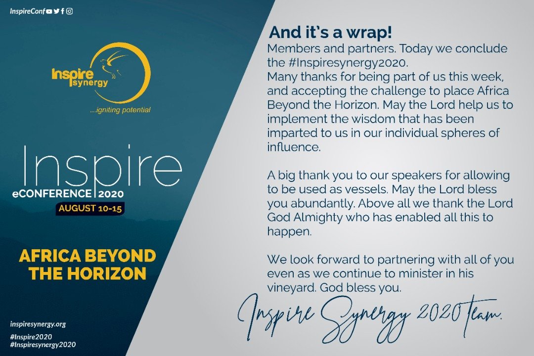 InspireSynergyA's tweet photo. And it’s a wrap! Members and partners. Today we conclude the #Inspiresynergy2020. Many thanks for being part of us this week, and accepting the challenge to place Africa Beyond the Horizon.
#Inspiresynergy2020 https://t.co/lfM3Faxzux