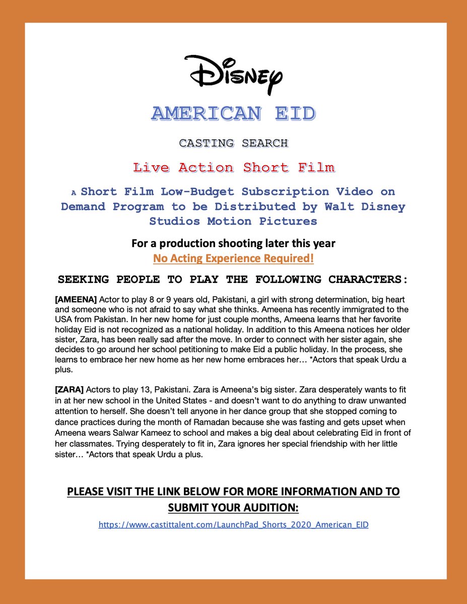 AqsaAltaff's tweet photo. Hi everyone - I have a little request. I would appreciate it if all my Pakistani, South Asian and Muslim friends out there spread these casting flyers like fire! I want to do everything I can to reach out to our communities and any help would be so appreciated! #Disney #Eid https://t.co/7Z7BQ3PGhX