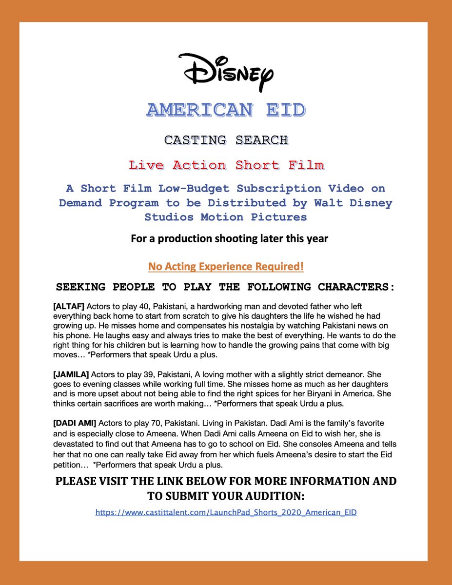 AqsaAltaff's tweet photo. Hi everyone - I have a little request. I would appreciate it if all my Pakistani, South Asian and Muslim friends out there spread these casting flyers like fire! I want to do everything I can to reach out to our communities and any help would be so appreciated! #Disney #Eid https://t.co/7Z7BQ3PGhX