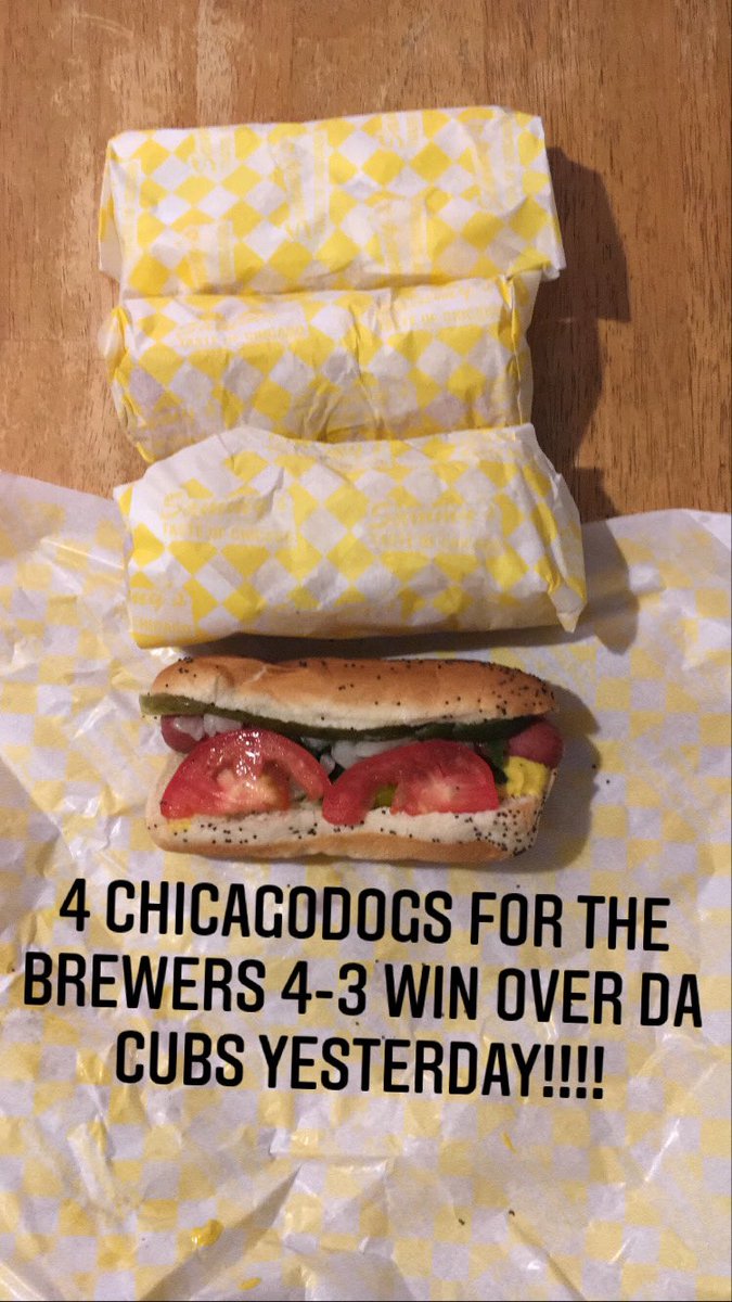OneLeiner's tweet photo. Ate (4) ChicagoDogs for the @Brewers 4-3 Win over da Cubs yesterday!!!! 🌭🌭🌭🌭
@BarstoolBigCat
#Brewers #MILvsCHC #Baseball #LetsGoBrewCrew #GoBeer #Cheers #Prost #ChicagoDog https://t.co/BIfpkcSTmf