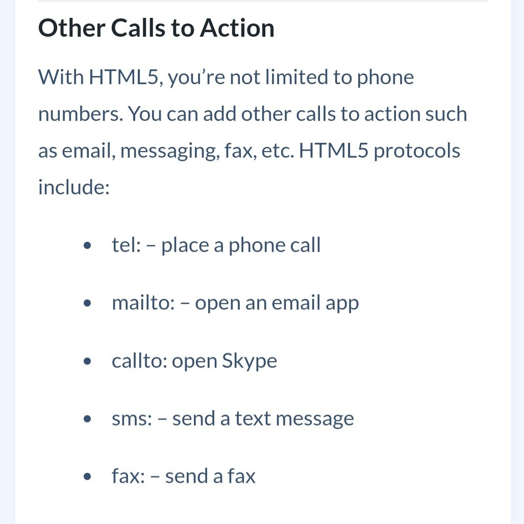 Code__Talk's tweet image. HTML5 calls to action !
In case you need to put an (email, phone, sms, fax, Skype) clickable button 📧 here's the snippet to do just that 😀
Like, share and spread the knowledge 🤙