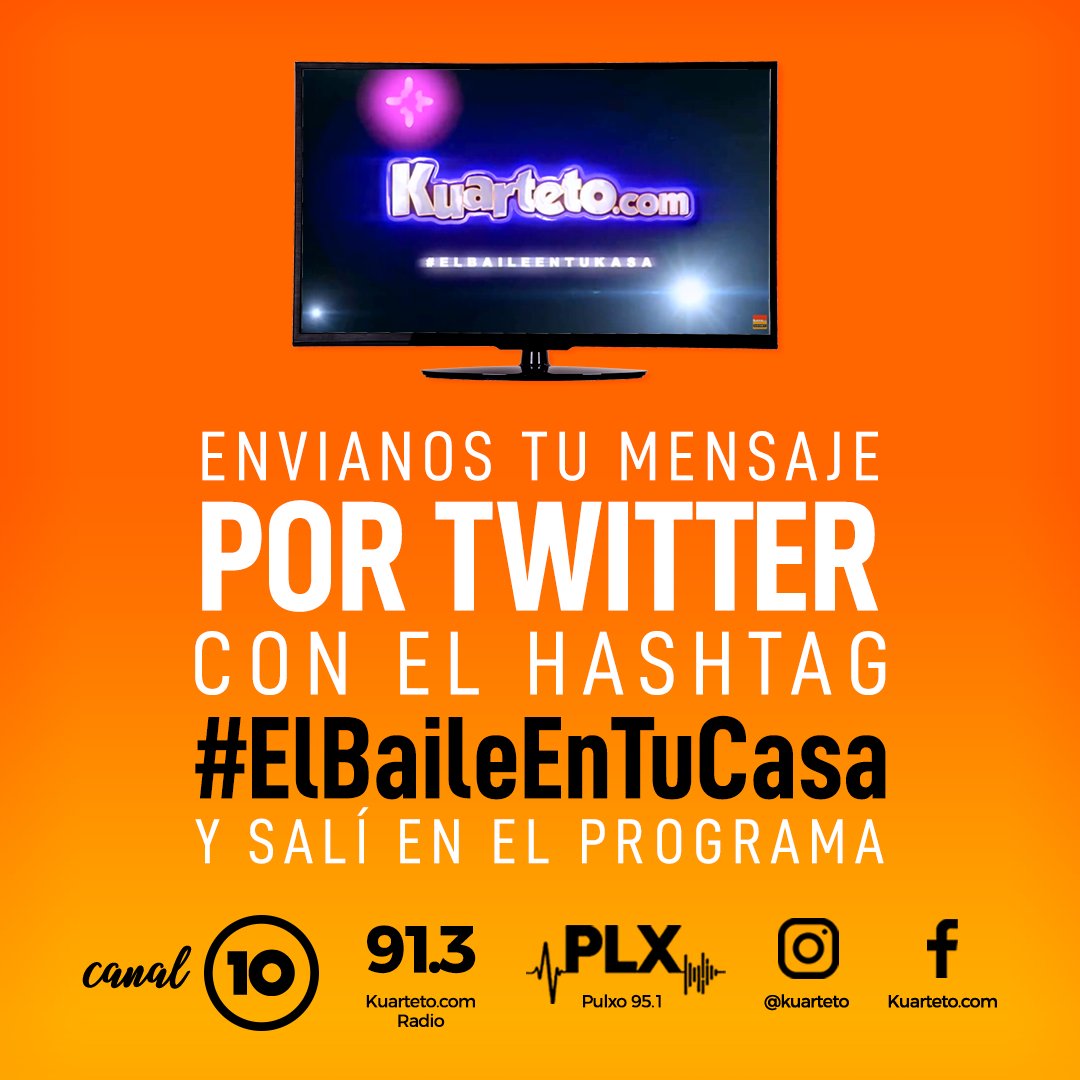 kuarteto's tweet photo. 💃🕺 Esta noche bailamos al ritmo de TRULALA Y PROYECTO K 💃🕺

¿Querés que tu mensaje salga en la tv durante el programa?
¡Twitteanos con el hashtag #ElBaileEnTuCasa y listo!
.
.
.
#kuarteto #cuarteto #yomequedoencasa #elbaile #entucasa #canal10 #tv #abailar https://t.co/t9oleMnm33