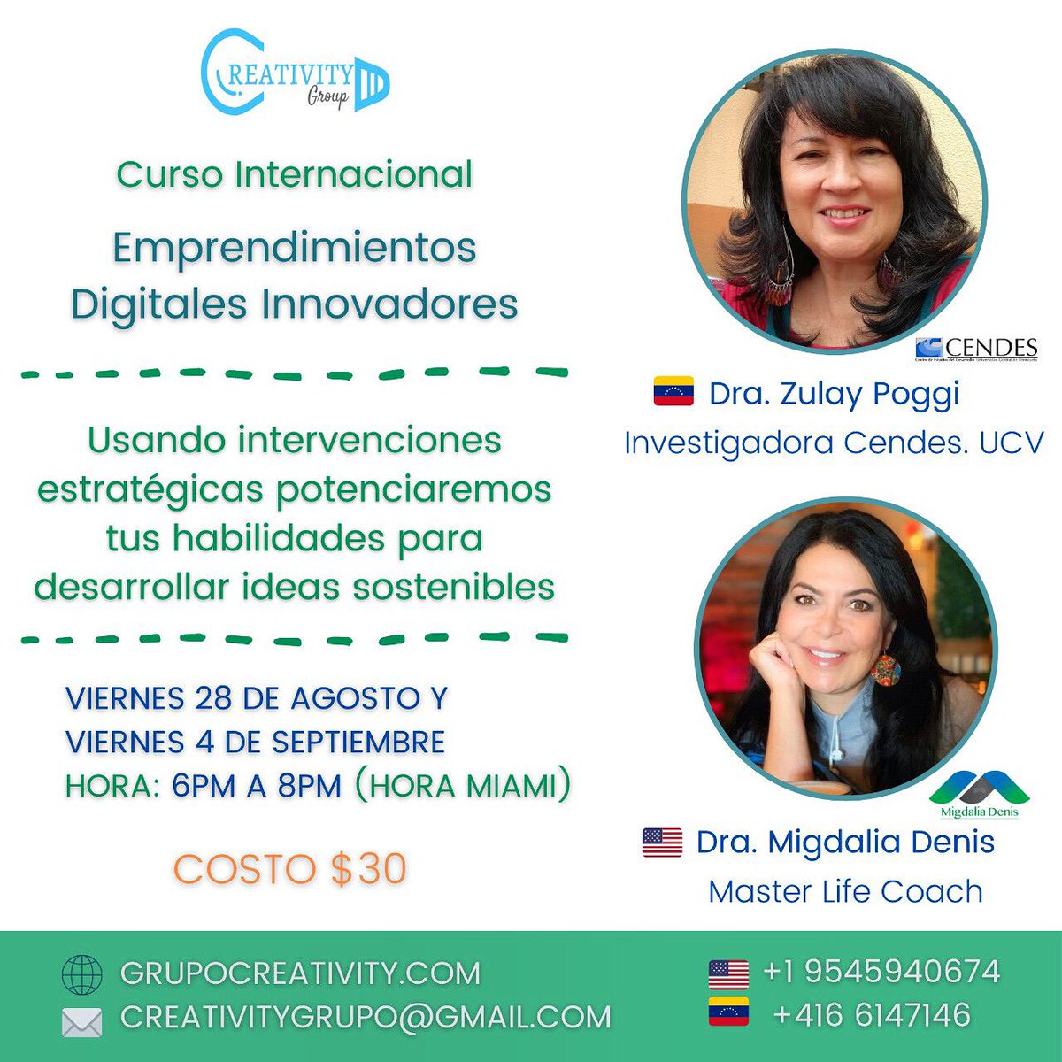El 28 de Agosto y el 4 de Septiembre estaremos dictando un #CursoOnline  sobre #Emprendimientosdigitales #innovadores. Más información grupocreativity.com. #EmprendimientoSostenible #emprendimientochile #emprendimientoargentina #emprendedorescali #cursos