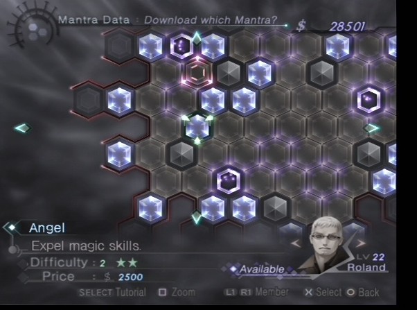 On retrouve toujours le système de Press Turn Battle, et il va falloir jongler entre les différents "mantras" pour acquérir les différentes compétences du jeu. une sorte de sphérier linéaire pas en forme de sphère. (Le 2 adopte une grille hexagonale)