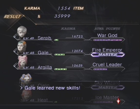 Une fois un mantra choisi, il va falloir dévorer ses adversaires pour obtenir de l'Atma, qui permet ensuite d'augmenter la jauge de maîtrise dudit mantra et débloquer les skills.