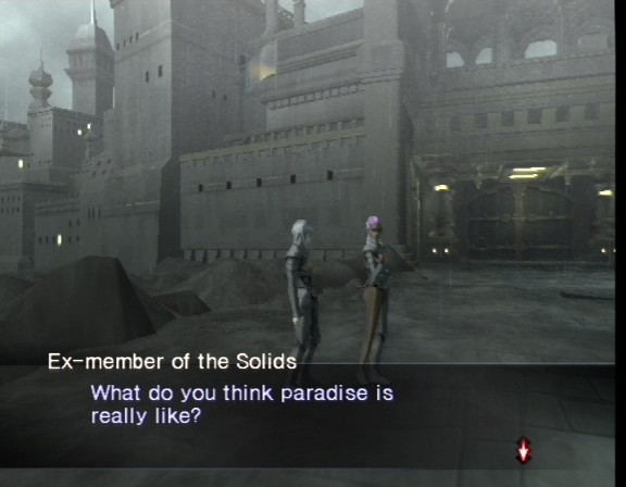 Mantra, Atma, Karma, Nirvana... Tout ceci sonne diablement Hindouiste. Et effectivement. Exit Tokyo. C'est un lieu étrange où s'abat une pluie constante sur fond d'architecture Hindoue. Et quelle DA. Ce mélange de cellshading, de Kazuma Kaneko fait définitivement des merveilles.