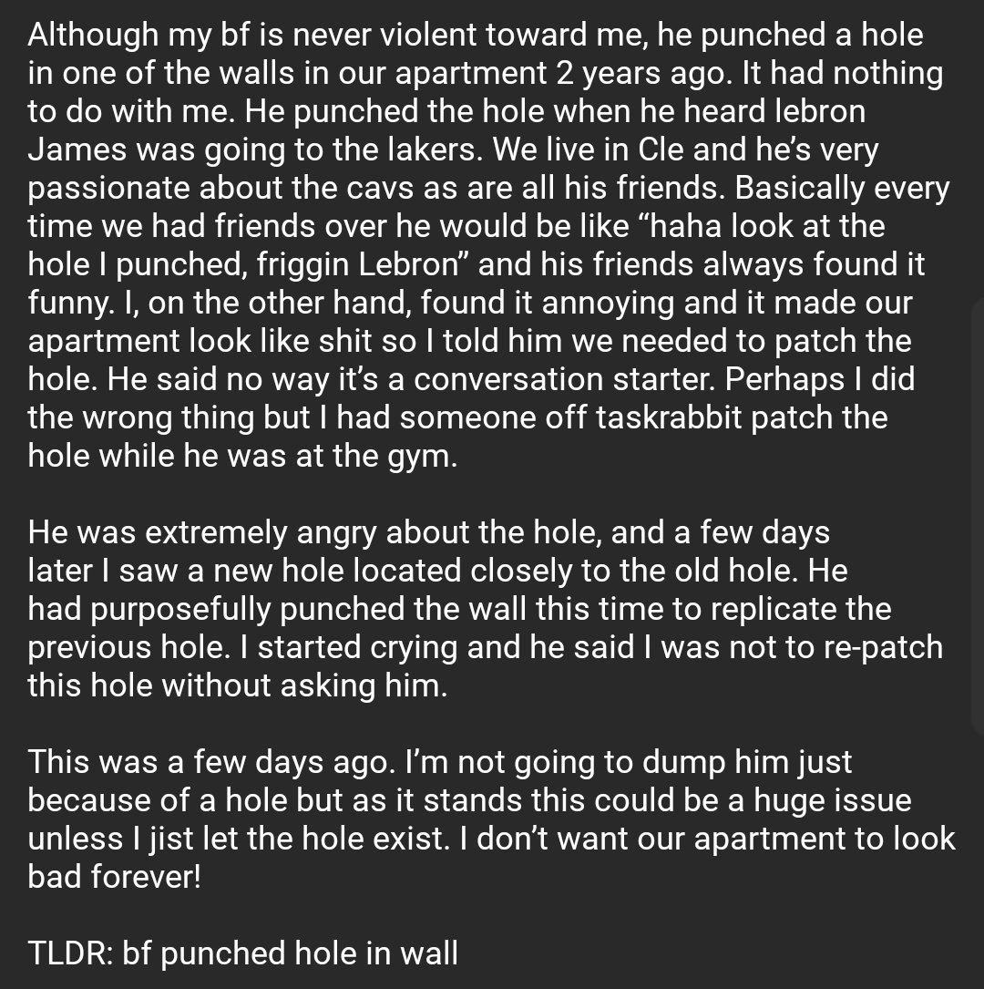 My [25F] boyfriend [29M] punched a hole in our wall on purpose because I patched the previous hole he punched in our wall