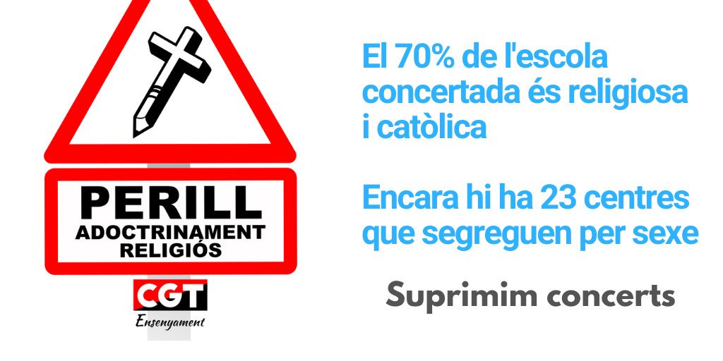 El 70% de l’escola concertada és religiosa i catòlica, fet que vulnera el dret a la llibertat religiosa de les famílies. Encara hi ha 23 centres privats que segreguen per gènere i reben concerts.

#SuprimimConcerts