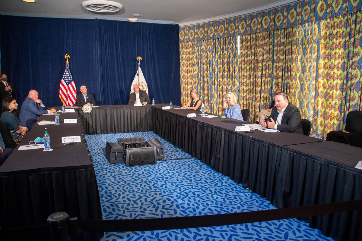 JimJusticeWV's tweet photo. I was honored to host @VP @Mike_Pence, @SecretarySonny, Administrator @SeemaCMS, Senator @CapitoforWV, Congressman @MooneyforWV, and Congresswoman @CarolMillerWV for a briefing to discuss efforts in West Virginia to combat the spread of #COVID19 and re-open West Virginia. #WVGov https://t.co/taM5qGzngR