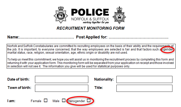 Hi  @NorfolkPolice  @norfolkpcc  @suffolkpolice  @TimSPCCIn your RECRUITMENT MONITORING FORM, you have 'gender' in what appears to be a list of the protected characteristics under the Equality Act 2010. http://www.suffolk.police.uk/sites/suffolk/files/page/downloads/joint_monitoring_form.doc1/8