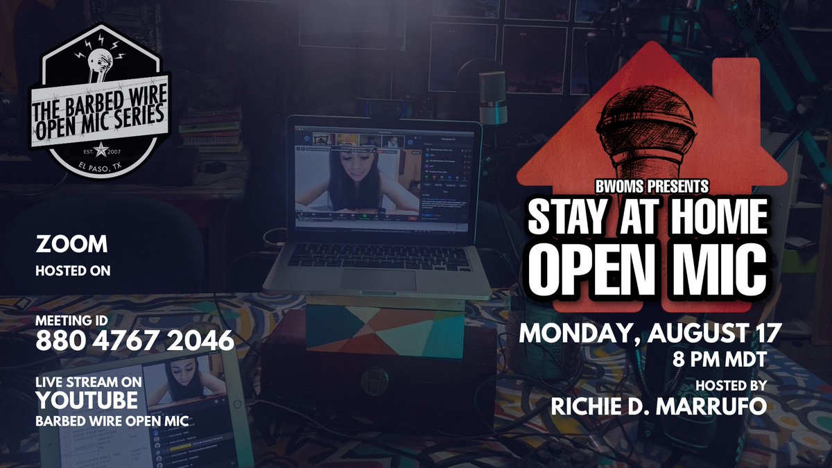 elpasobwoms's tweet photo. Sign up to perform at our online open mic on Monday, August 17 at 8pm Mountain Time (US) via Zoom. Bring out your writing and music! #elpaso #BWOMS #openmic #onlineopenmic #virtualmic #spokenwordpoetry #poetryreading #poetry 

https://t.co/eExojlAfWU https://t.co/2YcsQswK7V