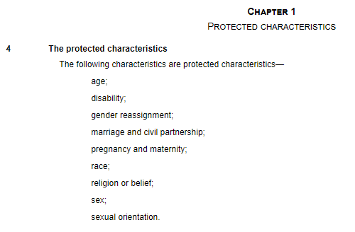 'Gender' is not a protected characteristic under the Equality Act 2010 and is not defined in the Act. http://www.legislation.gov.uk/ukpga/2010/15/contentsSex is the protected characteristic under the Act, but that is not on your list.2/8