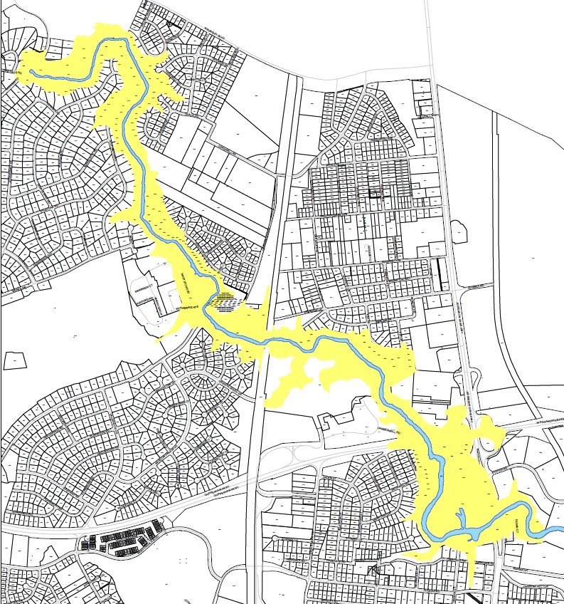 Alert: Police and Fire are evacuating residences downstream of the Falling Creek Dam off Hopkins. This shows the danger path of the water, which as of 5:45 pm was at 100 feet, which is stage three flood advisory for that dam.