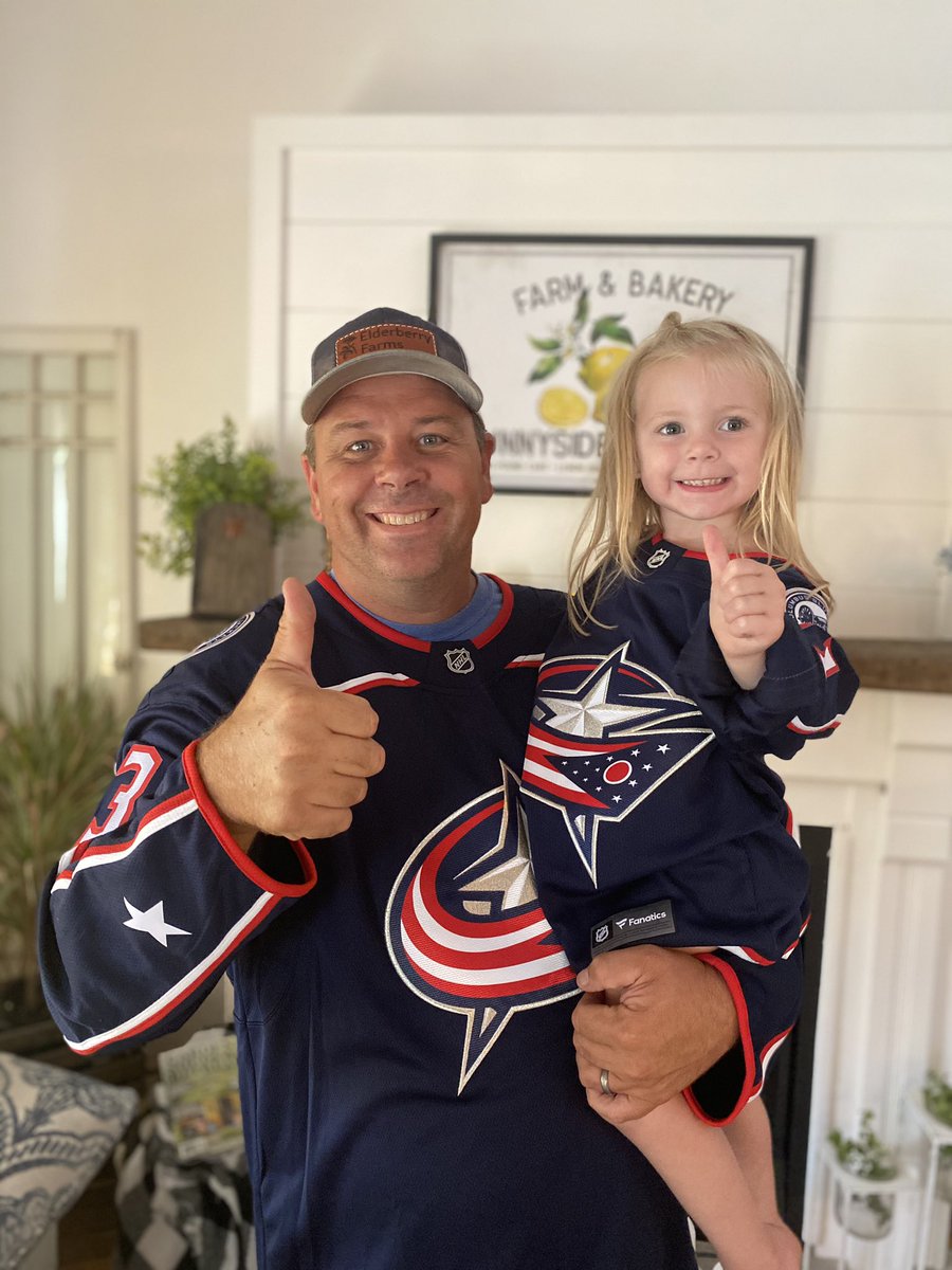 hannahcolej's tweet photo. Elsie and papaw ready for the game! 💙 #cbj #CBJAsOne #5thline https://t.co/A5Nw73YXrQ