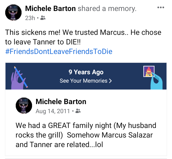Justice4Tanner's tweet photo. We thought of Marcus Salazar as family... YET, he chose to save his own A$$ and leave Tanner to die! 
#FriendsDontLeaveFriendsToDie 
#AdultsInvolved 
#Ketamine 
#NotZooming 
#RidiculousTheory https://t.co/fEGPGTFpMq