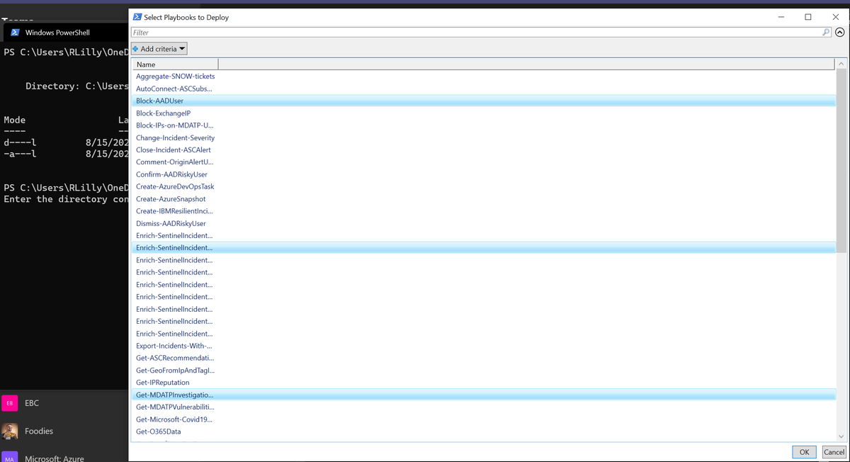 richlilly's tweet photo. @TheTomLilly and I put our heads together today and automated some #AzureSentinel Playbook goodness.
Automatically enumerate the Azure-Sentinel Github repo (synced locally), multi-select playbooks and import.
#SentinelasCode #NetrixKnows #MSFTAdvocate #BrotherPower https://t.co/tYRjncye0m