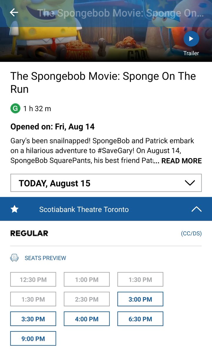 The 3 p.m. showing of "Spongebob: Sponge on the Run" on Saturday at Toronto's Scotiabank Theatre saw roughly six seats sold of 42. That's about 14% of available seats.Grey seats = occupied