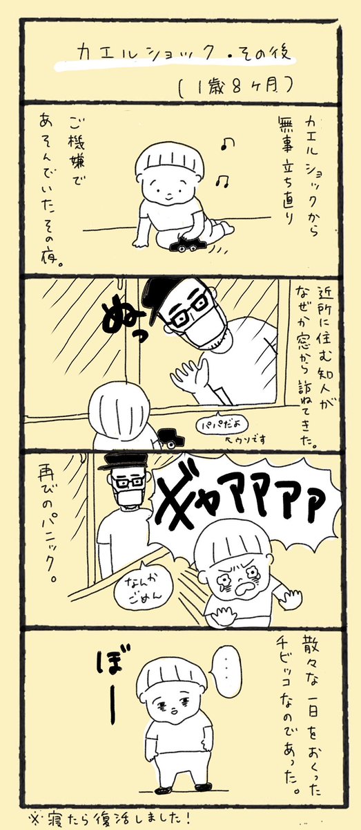 カエルショック(1歳8ヶ月)&その後

#育児漫画 #育児日記 #育児絵日記 #4コマ 