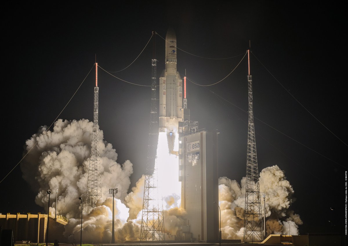 
On 15 August 2020, Ariane 5 flight VA253 lifted off from Europe’s Spaceport in French Guiana and delivered two telecom satellites Galaxy-30 and BSAT-4B, and the Mission Extension Vehicle (MEV-2), into their planned transfer orbits.

Also on this flight, there were four notable technical modifications to Ariane 5: an onboard autonomous tracking kit called Kassav, vented nose cone from RUAG in Switzerland and new materials for a lighter upper stage and vehicle equipment bay (VEB) – the ‘brain’ of the launch vehicle.

These modifications will continue to be used on all Ariane 5 flights and also incorporated in the upcoming Ariane 6.

Flight VA253 was the 109th Ariane 5 mission.