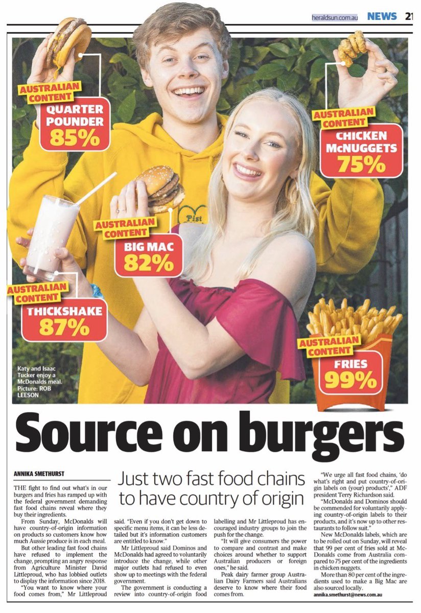 Thanks to <a href="/McDonalds/">McDonald's</a> and <a href="/dominos/">Domino's Pizza</a> for taking up my challenge to sign up to Country of Origin Labelling. Time for <a href="/kfc/">KFC</a>, <a href="/HungryJacksAU/">Hungry Jack's</a>, <a href="/oportoaustralia/">oportoaustralia</a> and @RedRoosterAUS to follow suit, they should be proud to publish how much Australian ingredients are in their products!