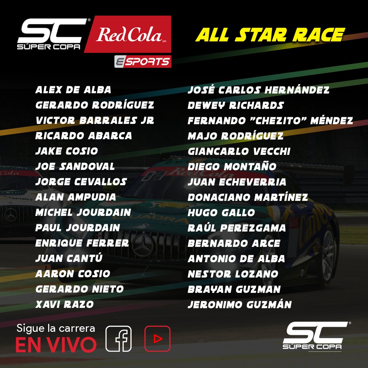 SuperCopaMex's tweet photo. ¡Aquí la lista de pilotos que correrán la #AllStarRace!
No te puedes perder la gran final del Campeonato, ¡promete estar espectacular!
Sigue nuestra transmisión en vivo, por nuestras redes sociales y canal de YouTube.
#ESportsRedCola https://t.co/WATOa1qkit