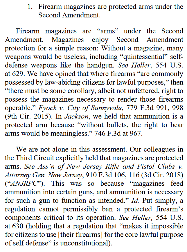 "Magazines enjoy Second Amendment protection for a simple reason: Without a magazine, many weapons would be useless, including 'quintessential' self-defense weapons like the handgun."