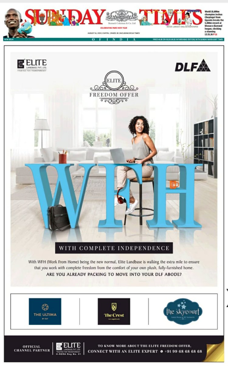 NavdeepSardana's tweet photo. Watch Out Our Ad Today!
Source: Times of India (TOI) Main- Top Jacket (2 Pages)
Edition: Delhi / NCR - 16.08.2020
ELITE FREEDOM OFFER – WFH (Work From Home) with complete Independence.
#ThinkRealtyThinkElite #EliteLandbase #DLF #dlfcrest #DLFSkycourt #dlfultima #TimesofIndia https://t.co/cqiVhGFb27
