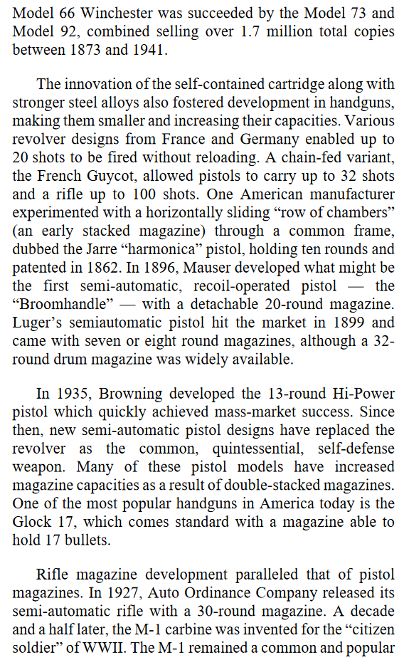 "...the record shows that new firearm designs proliferated throughout the states and few restrictions were enacted on firing capacities. The Girandoni air rifle, developed in 1779, had a 22-round capacity and was famously carried on the Lewis and Clark expedition."