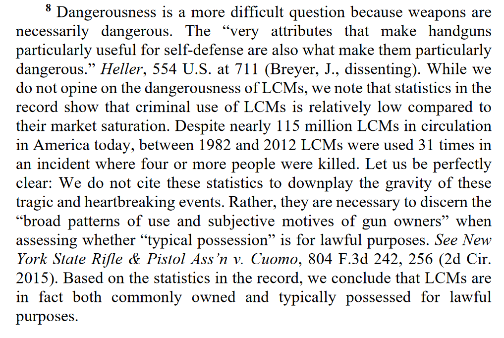 "While we do not opine on the dangerousness of LCMs, we note that statistics in the record show that criminal use of LCMs is relatively low compared to their market saturation."