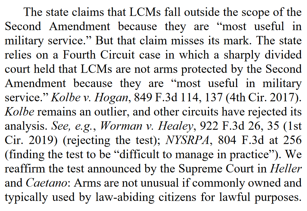 "The state claims that LCMs fall outside the scope of the Second Amendment because they are 'most useful in military service.' But that claim misses its mark"