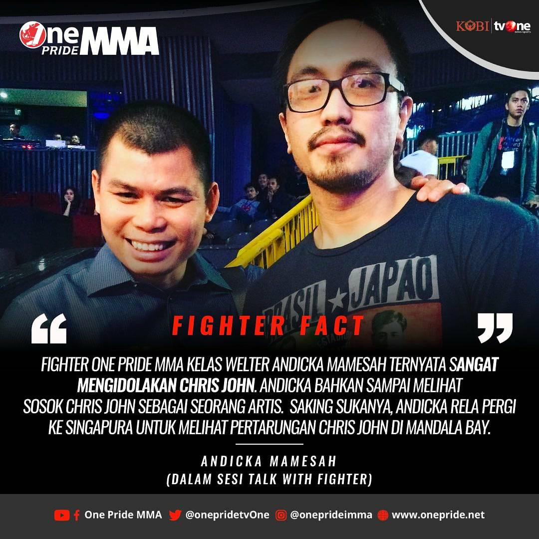 onepride_mma's tweet photo. Dalam sesi Talk With Fighter, Andicka Mamesah menjawab bahwa Chris John adalah seorang petinju yang sangat ia idolakan. Andicka melihat Chris John sebagai sosok yang besar dan terkenal layaknya artis. #OnePrideMMA #OnePridervOne #FighterFact https://t.co/Scw4azfuOK