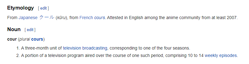 ANIME INDUSTRY - PART 1: During any given week, there're about 100 different anime series on the air, of which about 45% are cour-length and the other 55% are continuing, with a cour being "a three-month unit of television broadcasting, corresponding to one of the four seasons".