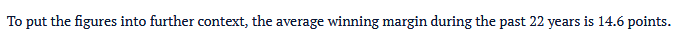 Being really picky here, but fuck it.Average winning margin over the last 2 years is 14.73And for the hell of it the average since 4 pt tries came in is 14.42And the average since 1908 is 13.01So Rd 3 to Rd 13 is only 2.56 points up - still not 'almost an unconverted try'