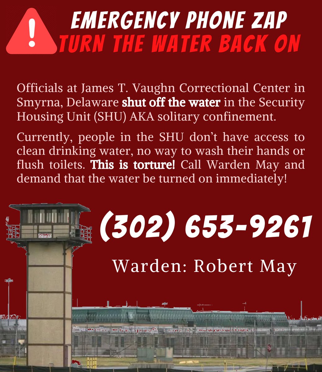 Let their lines ring until the water is turned back on at James T. Vaughn <a href="/phlbailfund/">Philly Anti-Repression</a> <a href="/JailLawSpeak/">Jailhouse Lawyers Speak - 🇸🇩 🇨🇩 🇵🇸</a> @comradealyssa <a href="/BaltimoreIwoc/">Baltimore IWOC</a> <a href="/SlaveryPrison/">Prison Slavery: #WeAreNotBeasts</a> <a href="/FAMQueenTeam/">FAM Queen Team</a> <a href="/FREEALAMOVEMENT/">ALABAMA PRISONS ARE DEATH CAMPS</a> <a href="/ACLUDelaware/">ACLU of Delaware</a>