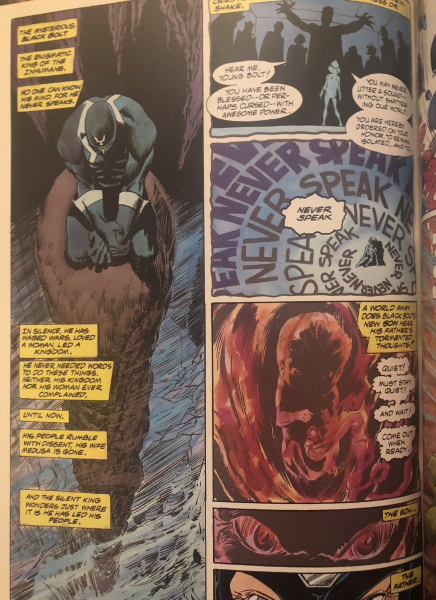 Marvel GN. Inhumans by Nocenti, Blevins and Williamson with Scheele and Novak. Very wrought story with “should we kill our baby” overtones but the art is stunning. Blevins and Williamson deliver the drama hand over fist. Look at Black Bolt on that column...4/x