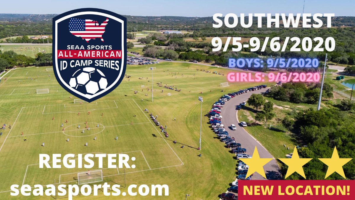 🚨⚽️ RELOCATION ⚽️🚨

We are relocating our SOUTHWEST All-American ID Camp to Kerrville, TX!

🌏 Kerrville, TX
📍 Kerrville Sports Complex
🗓 9/5-9/6/2020 
💻 REGISTER: seaasports.com 

See you in Texas! ⚽️ #SEAASports