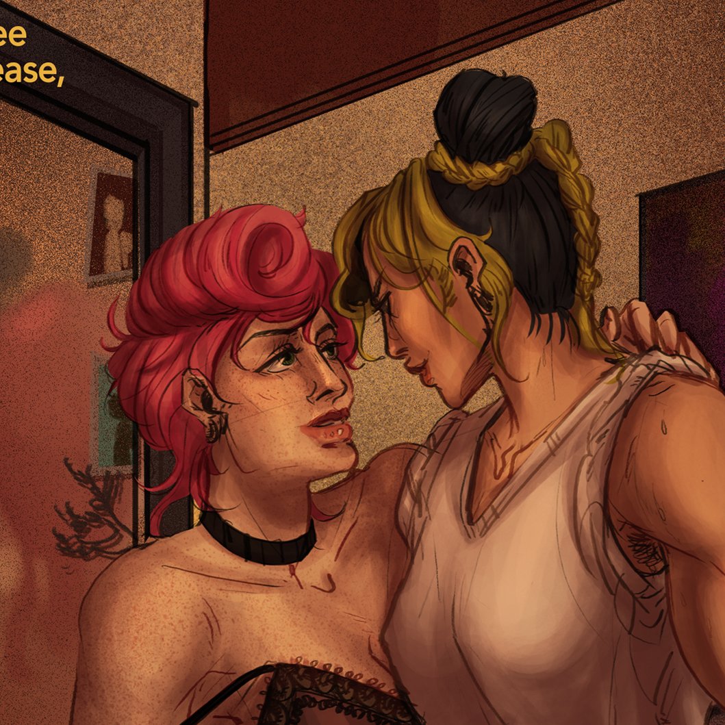 artvinsky's tweet photo. hello im briefly back from the dead to post the fulls on all the work i've done for @AdoreZine ! First up is this lesbian pulp novel style cover of #jolytrish where trish is a singer and jolyne is her greaser mechanic lover 💏💏#jolynekujo #trishuna #jjba https://t.co/z63FF0vHzw
