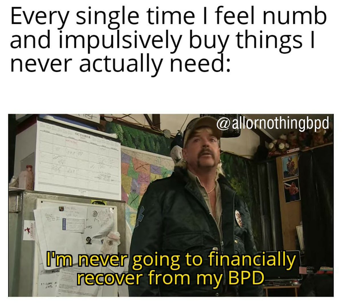 DeepHydrangeas's tweet photo. I have a problem
#BPDfeels #BPDchat #BPD #EUPD #BPDmemes #meme #mentalillness #splitting #impulsive #oops #myoc #mine #imadethismeme https://t.co/A8ggwMUQtT