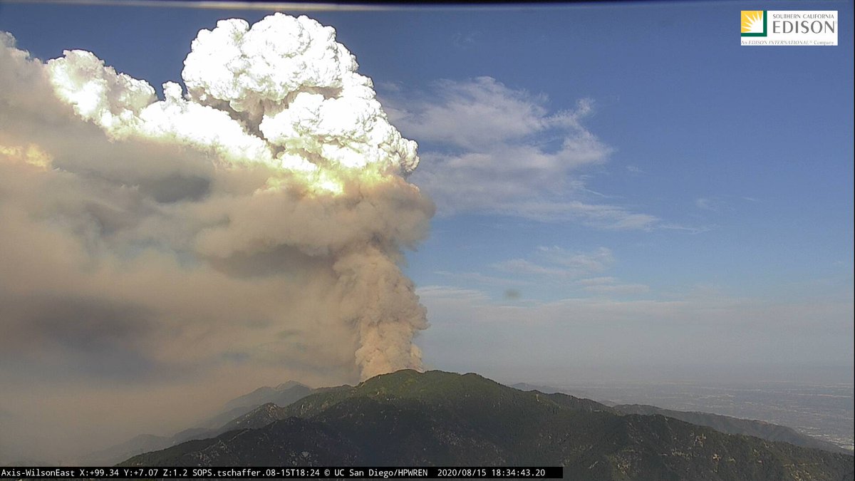 Wow, very impressive plume growth this evening on the #RanchFire. This is the SCE webcam view from Mt Wilson at 635pm. Hot, dry and unstable conditions contributing to this plume behavior. #CAwx #LAfire