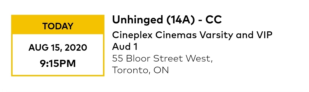 Crowe Call:"Unhinged" had 9:15 p.m. showings. A few minutes after showtime...Scotia: 5 (11%)Varsity: 4 (9%)