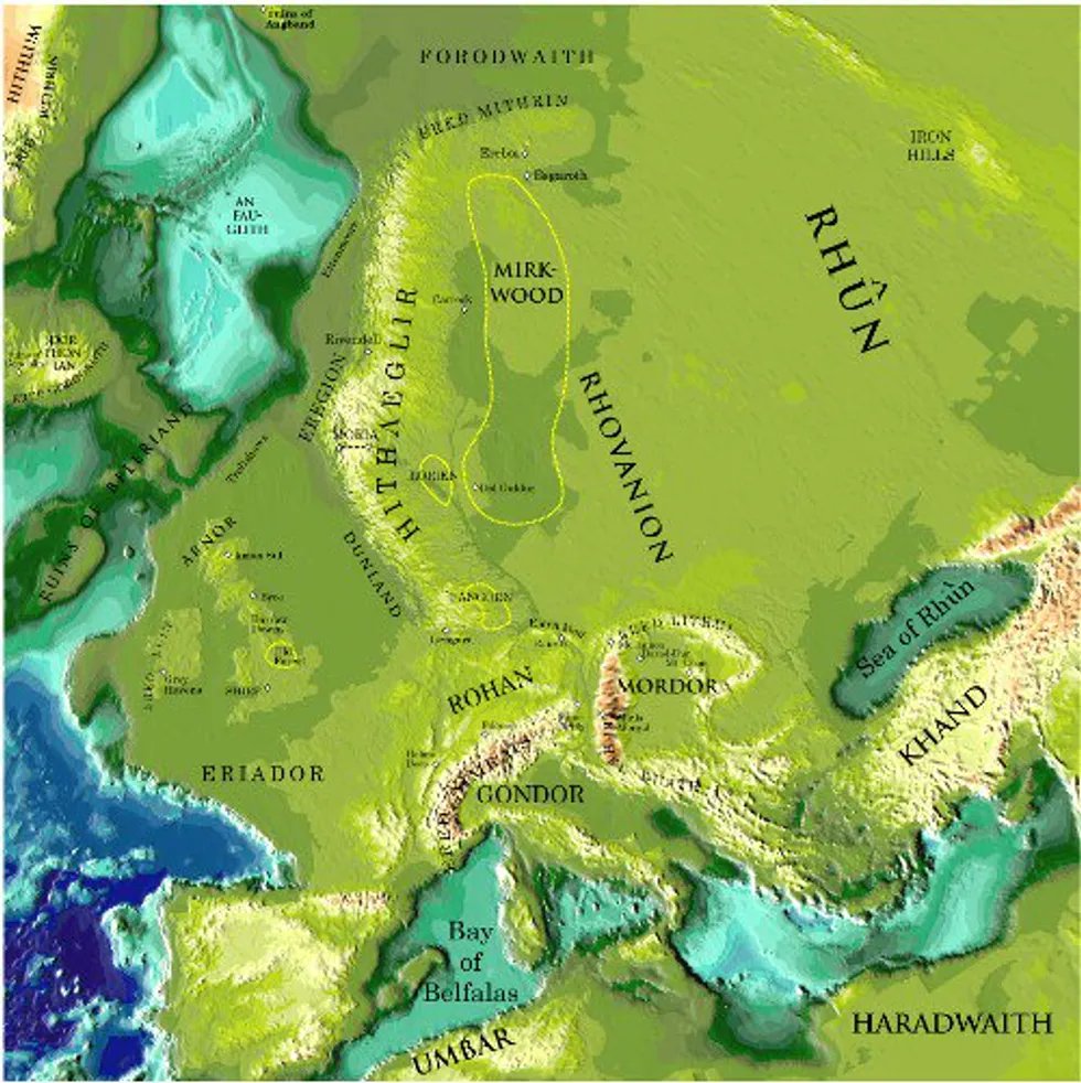 Now, Europe 6,500 years ago was far different than we know it today.The British Isles were connected to the continent in what archeologists now refer to as "Doggerland".If one looks at maps of old Europe, they can easily see how it connects to the LOTR topography.