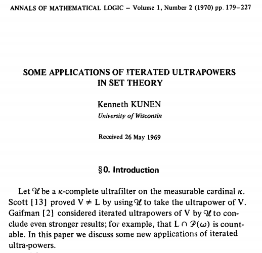 His paper on this topic is "Some applications of iterated ultrapowers in set theory", Ann. Math. Logic 1 (1970), 179–227.  https://doi.org/10.1016/0003-4843(70)90013-610/