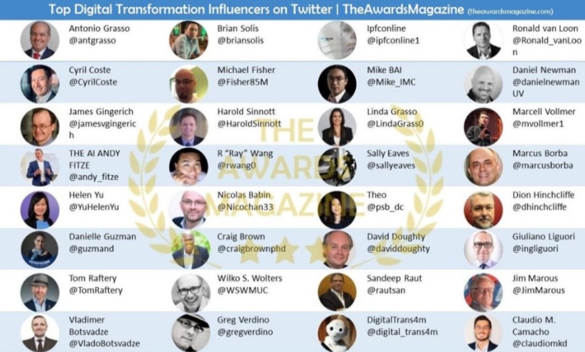 Top 32 #DigitalTransformation Influencers on @Twitter. (The Awards Magazine) #SocialMedia bit.ly/3kOPavl