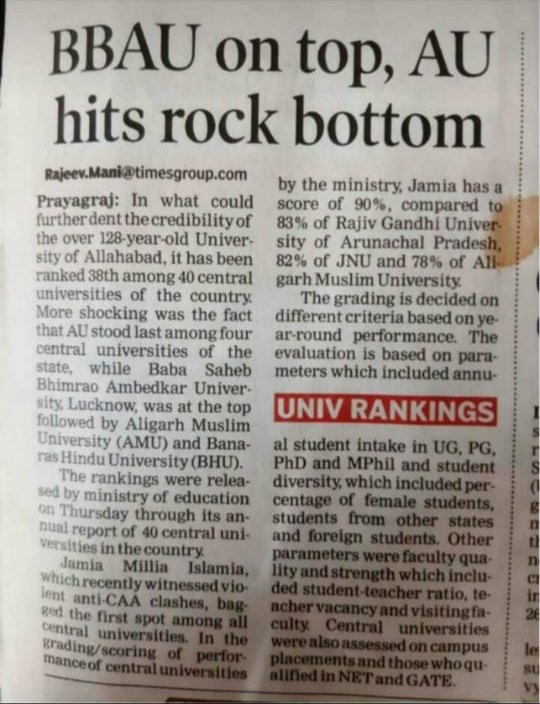 It's a result and achievement of hard working of our honorable VC Dr. Sanjay singh sir,all Profesors and as well as students extreme efforts that to fix BBAU at top rankings variation. 💐

#bbaulucknow
@TOILucknow 
@rajnathsingh 
@DrRPNishank