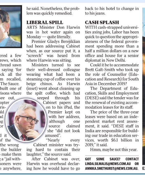 TimjboAU's tweet photo. "A "screech" was heard from where #DonHarwin was sitting," #GladysB was not amused and kept on with her address. Harwin dressed in coffee stained attire went off after Cabinet to his >Hotel<๐คto change into his jeans.
#LiberalSpill @LiberalNSW 's https://t.co/NvGUqKwwdN