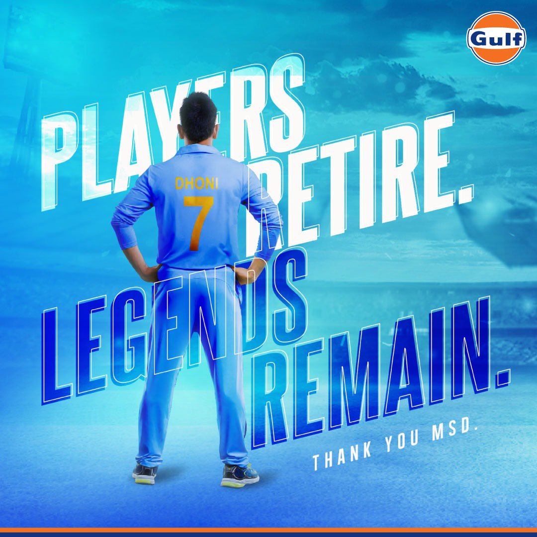 GulfOilIndia's tweet photo. He may retire from the game but never from our hearts. Because there can be only one @msdhoni ! Here's to an equally fantastic second innings! #DhoniRetired https://t.co/L4YwASArKr