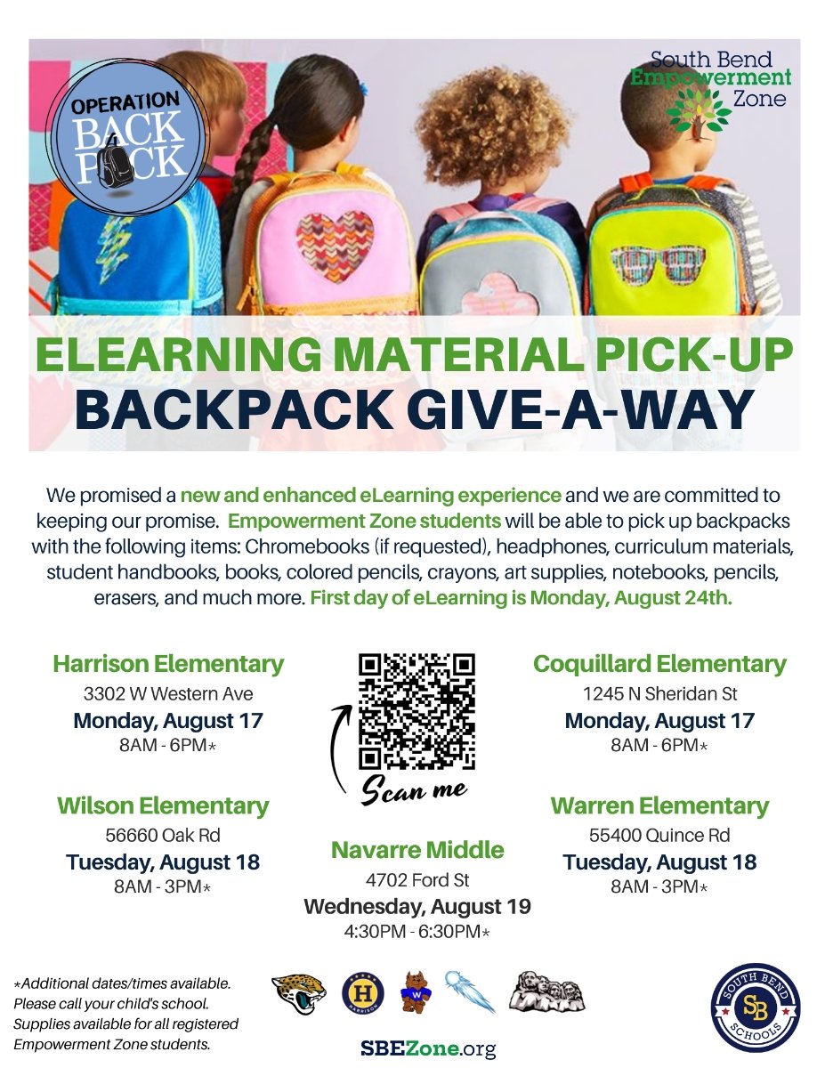 We promised a new and enhanced eLearning experience.  Empowerment Zone students can pick up backpacks with the following items: Chromebooks, headphones, curriculum materials, student handbooks, books, colored pencils, crayons, art supplies, notebooks, pencils, erasers, &amp; more.