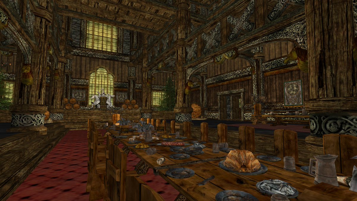 The new Mead Halls in #lotro @Lotro are huuuge, and a challenge but SO much fun to decorate!  Ambient lighting is the bomb!  Now I just need to add more wine...! :)