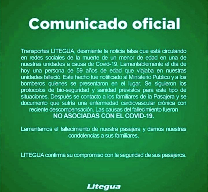 CoronaVirusGT's tweet photo. #Litegua presenta su comunicado oficial sobre la noticia que circula en redes,  y desmiente que haya sido un niño, fue una señora quien lamentablemente falleció.  #CoronavirusGT https://t.co/CbCZowWuP2